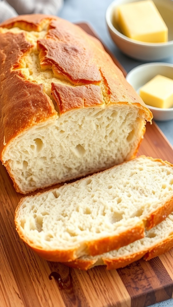 Freshly baked sourdough discard sandwich bread loaf, sliced, on a wooden board with butter.